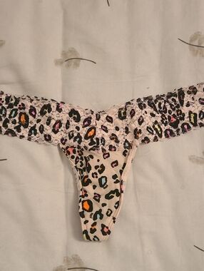 PINK Victoria's Secret Light Pink Leopard Lace Thong with Multicolor Spots